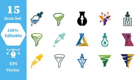 Laboratory dropper and funnel science icon set with laboratory equipment Stock Illustration
