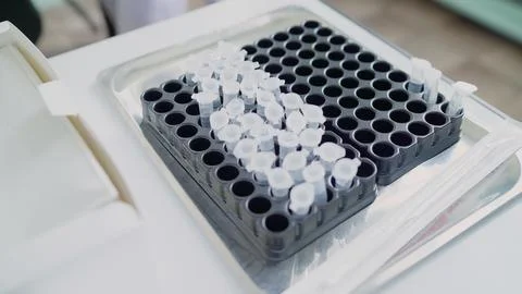 Laboratory Eppendorf tubes inside a metal tray holding test samples for medic Stock Photos