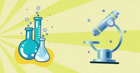 Laboratory equipment and microscope image over yellow background with rays Stock Photos