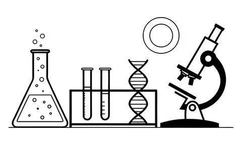 Laboratory equipment with beaker test tubes microscope and D N A Illustrazione stock