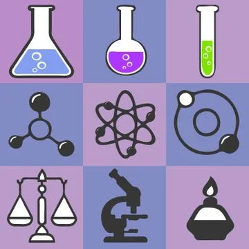 Laboratory equipment, jars, beakers, microscope and scales. Biology science e Stock Illustration
