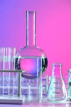 Laboratory Equipment on Reflective Table Foto stock