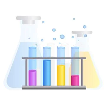 Laboratory equipment. test tubes with solutions and reagents. Chemical reac.. Illustrazione stock