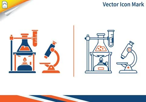 Laboratory equipment vector icon with microscope and flasks. Ilustración de archivo
