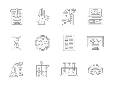 Laboratory expertise flat line vector icons set Stock Illustration