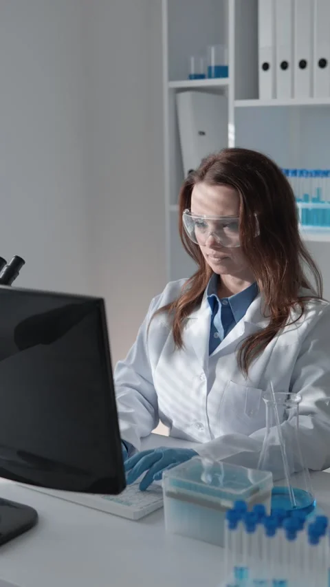 In the laboratory, a female scientist is diligently using a computer for her Video stock 285840958