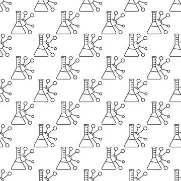 Laboratory Flask and Molecule vector outline Seamless Pattern Stock Illustration