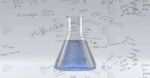 Laboratory flask with blue liquid surrounded by complex mathematical equations Stock Photos