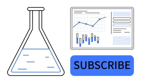 Laboratory flask, data dashboard with charts, and SUBSCRIBE button. Ideal for Stock Illustration