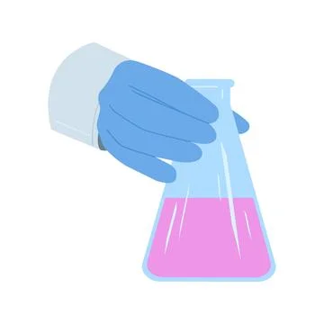 A laboratory flask filled with pink liquid is being held in the skilled hand of Stock Illustration