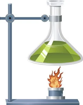 Laboratory flask with green liquid heated by flame on a stand, science Stock Illustration