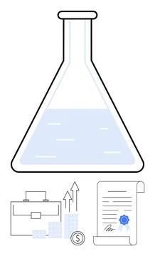 Laboratory flask with liquid, briefcase, bar graphs with rising arrows, coin  스톡 일러스트