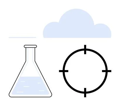 Laboratory flask with liquid, light blue cloud, and black crosshair target. I Stock Illustration