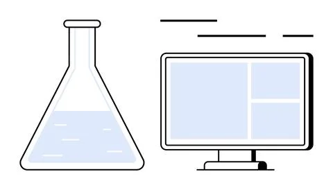 Laboratory flask with liquid next to computer monitor displaying data compone Illustrazione stock