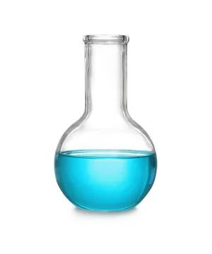 Laboratory flask with liquid on white background. Solution chemistry Stock Photos