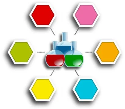 Laboratory flasks in center of hexagonal infografic report chart Stock Illustration