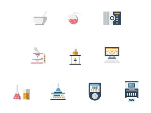 Laboratory flat color vector icons set Stock Illustration