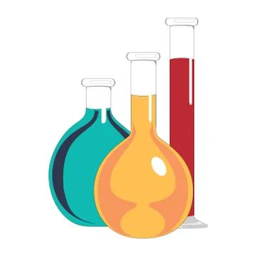 Laboratory glass flasks and test tubes with blue, yellow and red liquid. Chem イラスト素材