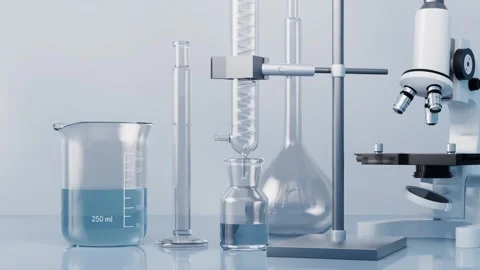 Laboratory glassware and microscope on white table in scientific research c.. Stock-Footage 332390738