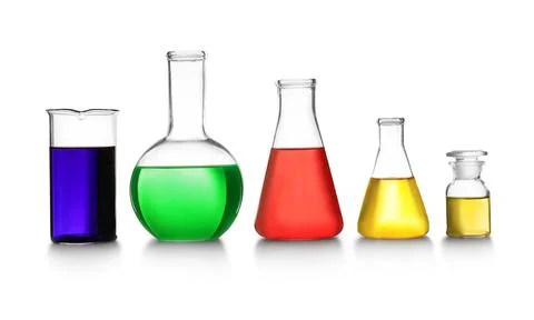 Laboratory glassware with different samples on white background. Solution che Stock Photos