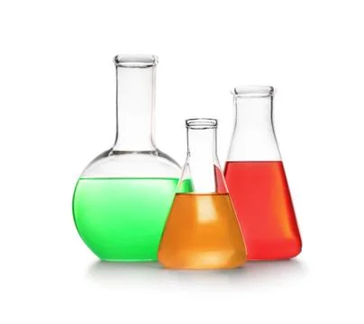Laboratory glassware with different samples on white background. Solution che Stock Photos