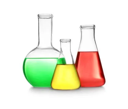 Laboratory glassware with different samples on white background. Solution che Stock Photos