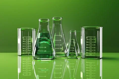 Laboratory glassware with green liquid, cgi render Stock Illustration