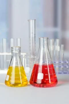 Laboratory Glassware on Lab Table Stock Photos