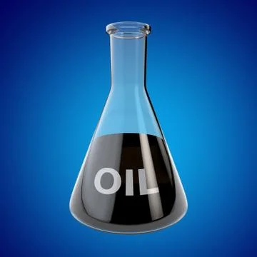 Laboratory glassware with oil. 3D render Illustrazione stock