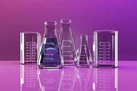 Laboratory glassware with purple liquid, cgi render Stock Illustration