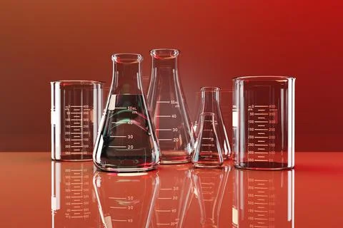 Laboratory glassware with red liquid, cgi render image Stock Illustration