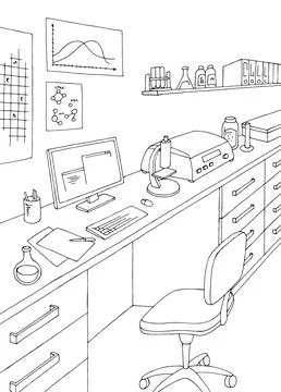 Laboratory graphic black white vertical interior sketch illustration vector Stock Illustration