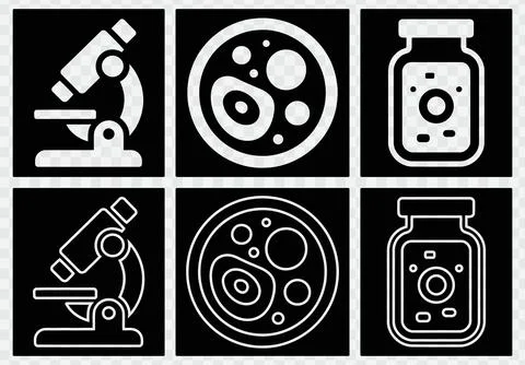 Laboratory Icon Set, Microscope Microbe Cell and Specimen Bottle Symbol Whi.. Stock Illustration
