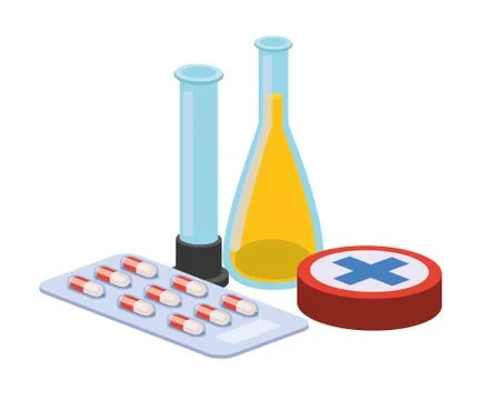 Laboratory instruments with medicines in white background Illustrazione stock