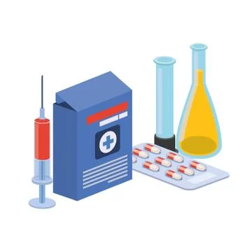 Laboratory instruments with medicines in white background Illustrazione stock