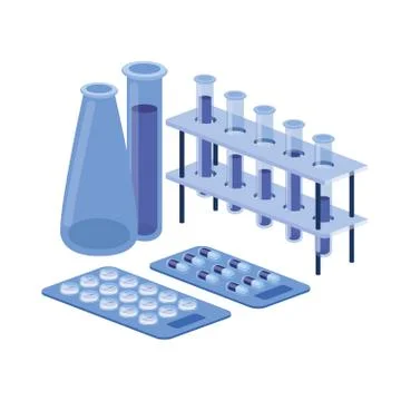 Laboratory instruments with medicines in white background Illustrazione stock