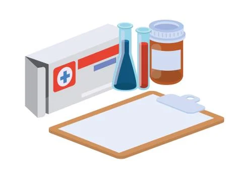 Laboratory instruments with medicines in white background Illustrazione stock