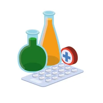 Laboratory instruments with medicines in white background Illustrazione stock