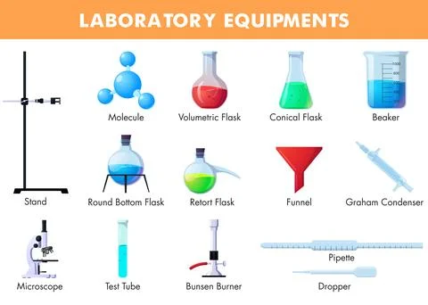 Laboratory Instruments with Microscope, Flasks, Beaker, Test Tube, Burner Stock Illustration