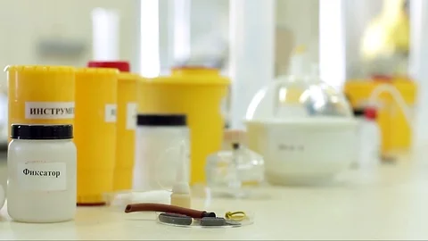 Laboratory instruments for research under the microscope. Video stock 127321294