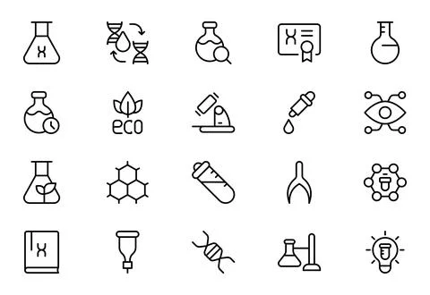Laboratory line icon set. Containing experiment, test tube, microscope, fla.. Stock Illustration