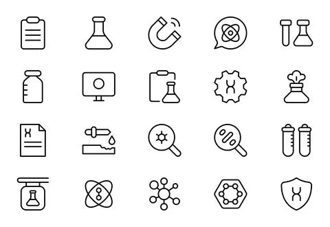 Laboratory line icon set. Containing experiment, test tube, microscope, fla.. Stock Illustration