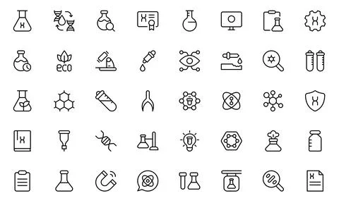 Laboratory line icon set. Containing experiment, test tube, microscope, fla.. Stock Illustration