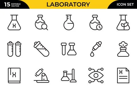 Laboratory line icon set. Containing experiment, test tube, microscope, fla.. Illustrazione stock