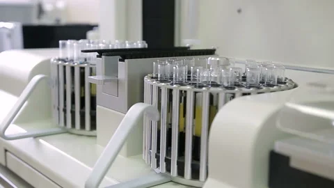 Laboratory machine for analysis of urinalysis. Test tubes close-up. Stock Footage 85900594