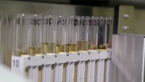 Laboratory machine for analysis of urinalysis. Test tubes close-up. Stock Footage 85905042
