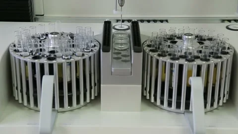 Laboratory machine for analysis of urinalysis. Test tubes close-up. Stock Footage 87950615