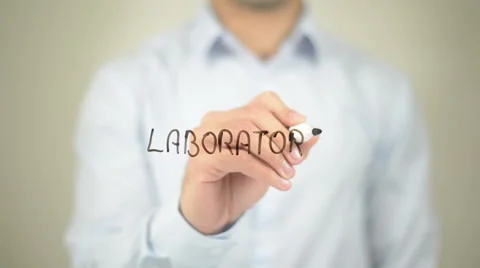 Laboratory, man writing on transparent screen Video stock 62893193