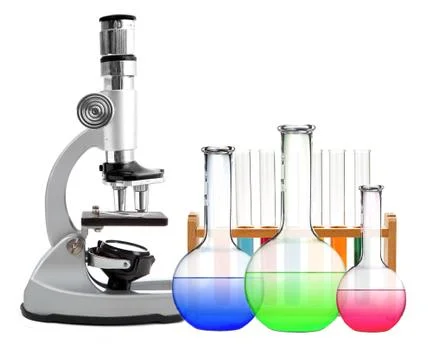 Laboratory metal microscope and test tubes with liquid isolated on white Stock Photos