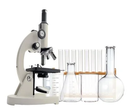 Laboratory metal microscope and test tubes with liquid isolated on white Stock Photos